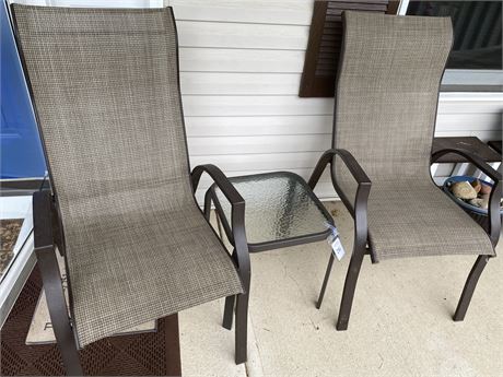 Two Mesh Patio Chairs and Side Table