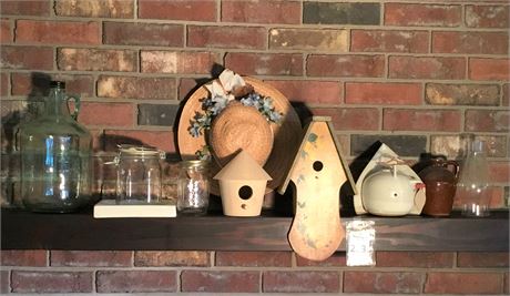 Ceramic and Wood Decorative Bird Houses and Glass Jugs