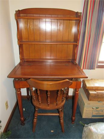 Vintage Wood Desk w/ Bookcase, 2 Piece & Chair