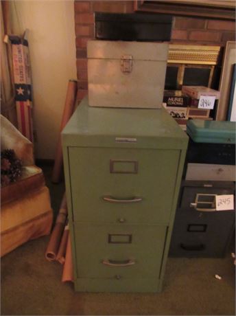 2 Drawer Metal filing Cabinet + Old Metal boxes