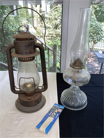 Vintage Rustic Metal Camp Lantern and Glass Oil Lamp
