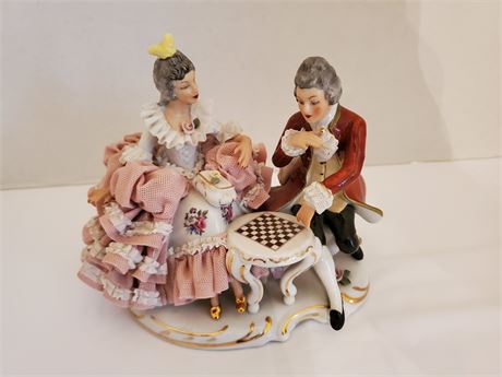 Dresden Figurine Man + Woman Playing Chess