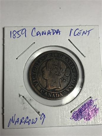 1859 Canada 1 Cent Piece Narrow 9