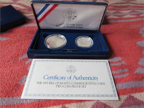 1993 Bill of Rights Commemorative Coins 2 Coin Proof Set, silver