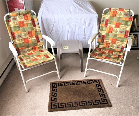 Pair Matching Folding Patio Chairs & Plastic Patio Side Table